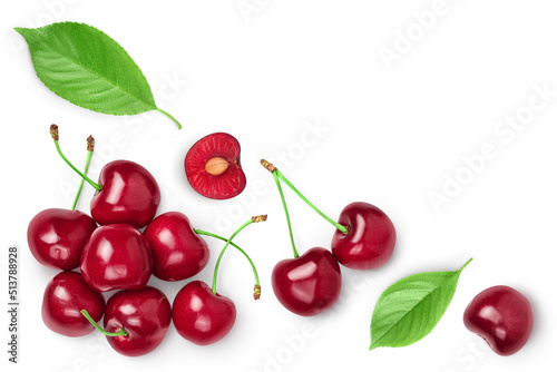 red sweet cherry isolated on white background. Top view with copy space for your text. Flat lay