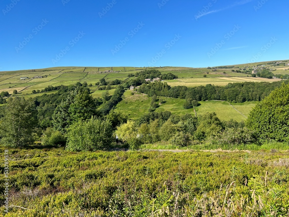 Extensive landscape, with moorland, farms, trees, and distant hills near, Jerusalem Lane, Midgley, UK