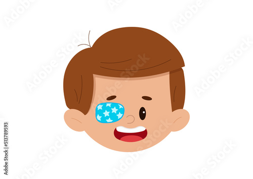 Amblyopia eye patch on boy face isolated on white background. Cute ophthalmology kid avatar - child head icon with occluder. Flat design cartoon style vector illustration.  photo