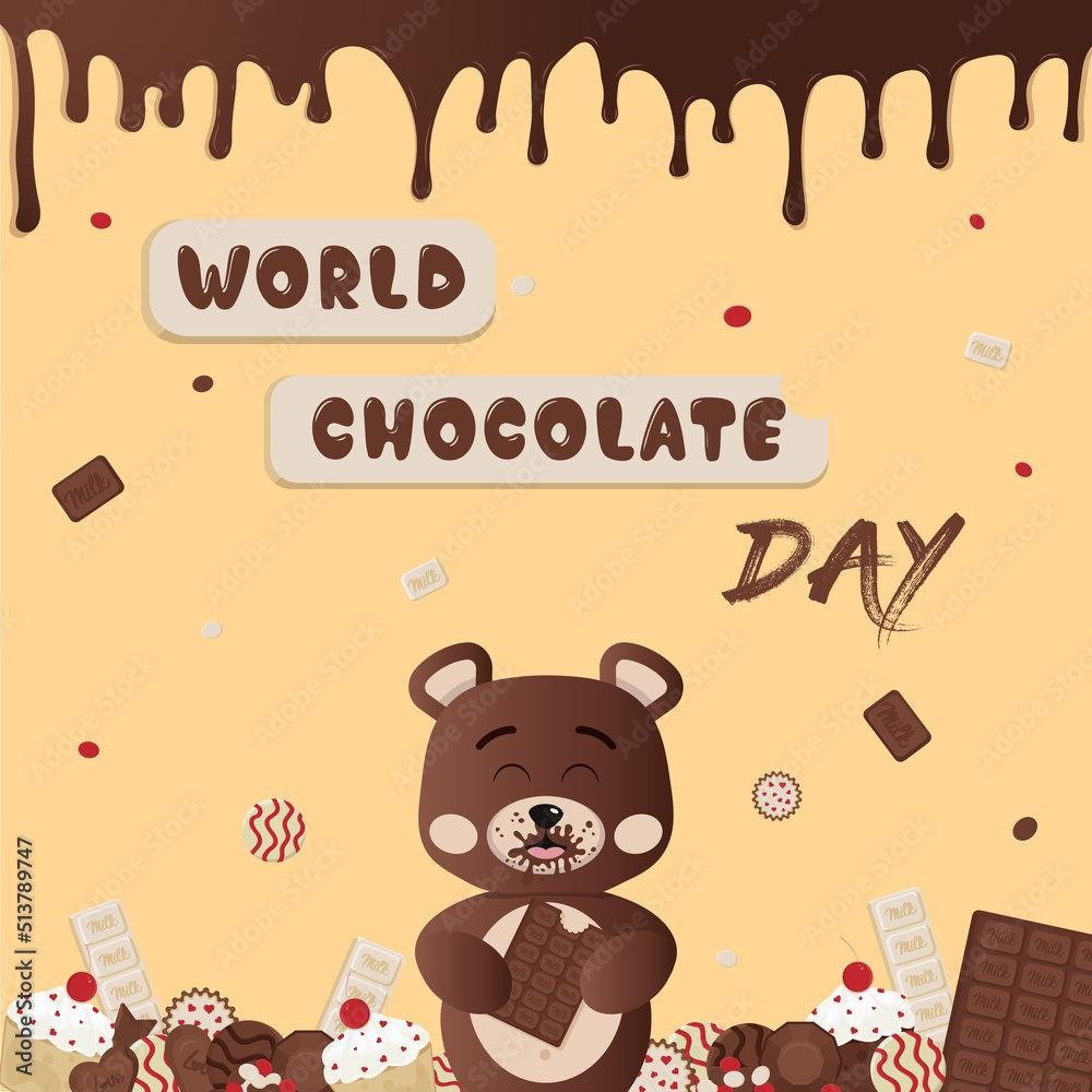 World chocolate day, chocolate bear, poster, placard. Vector illustration. Candy, Chocolate