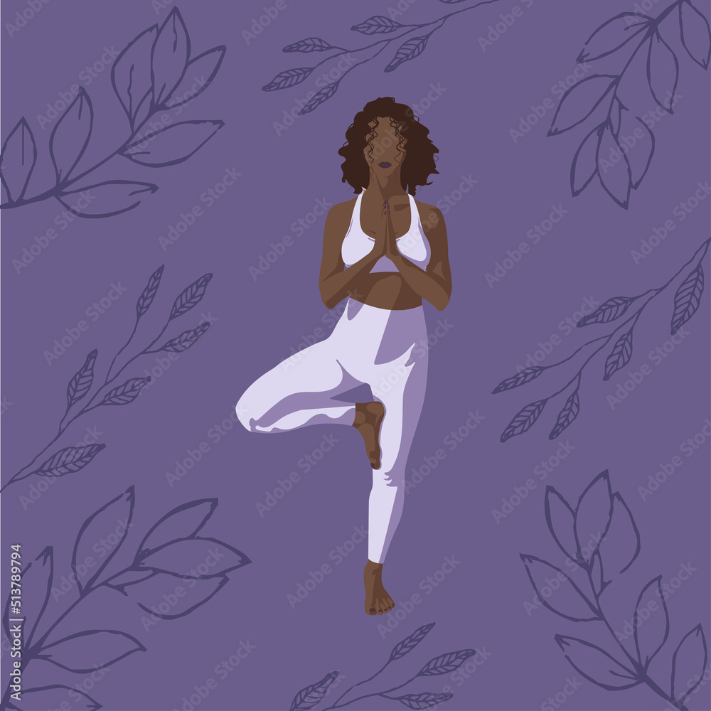 Poster, Poster, The girl is engaged in yoga, yoga, dark-skinned, dark lilac background. vector illustration Poster, Poster, The girl is engaged in yoga, yoga, dark-skinned, dark lilac background. vector illustration