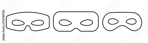 Superhero or thief mask with eye slits vector black icon set. Masquerade costume mask silhouette hidden villain or burgar face. Line art design carnival incognito party masque clip art illustration.