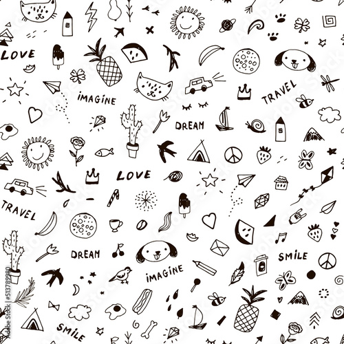 Doodle objects, cat, dog, cactus, pineapple vector seamless pattern