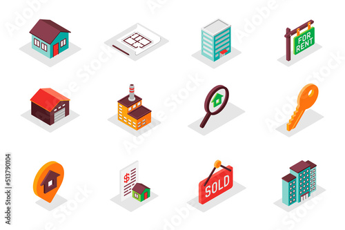 Real estate concept 3d isometric icons set. Pack isometry elements of house, architect blueprint, rent, garage, search, key, location, skyscraper and other. Vector illustration for modern web design