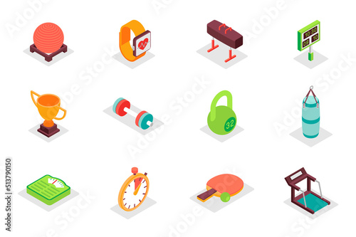 Sports equipment concept 3d isometric icons set. Pack isometry elements of ball, smart watch, score, winning cup, barbell, kettlebell, scales, gym and other. Vector illustration for modern web design