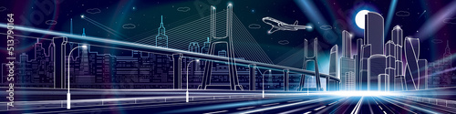 Infrastructure city panorama. Glow linghts. Large cable-stayed bridge. Airplane fly. Empty highway. Night modern city on dark background, towers and skyscrapers, urban scene, vector design art 