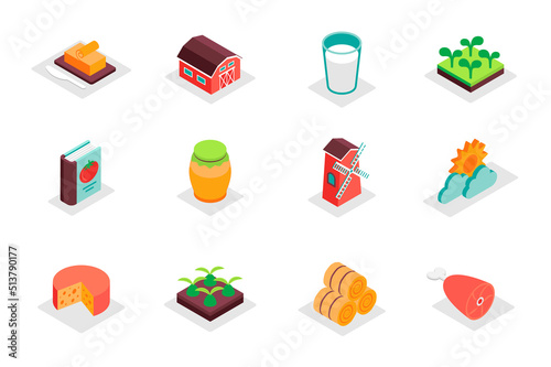Farming concept 3d isometric icons set. Pack isometry elements of butter, barn, milk, plant, jam, mill, cheese, seedling, vegetable garden, hay and other. Vector illustration for modern web design