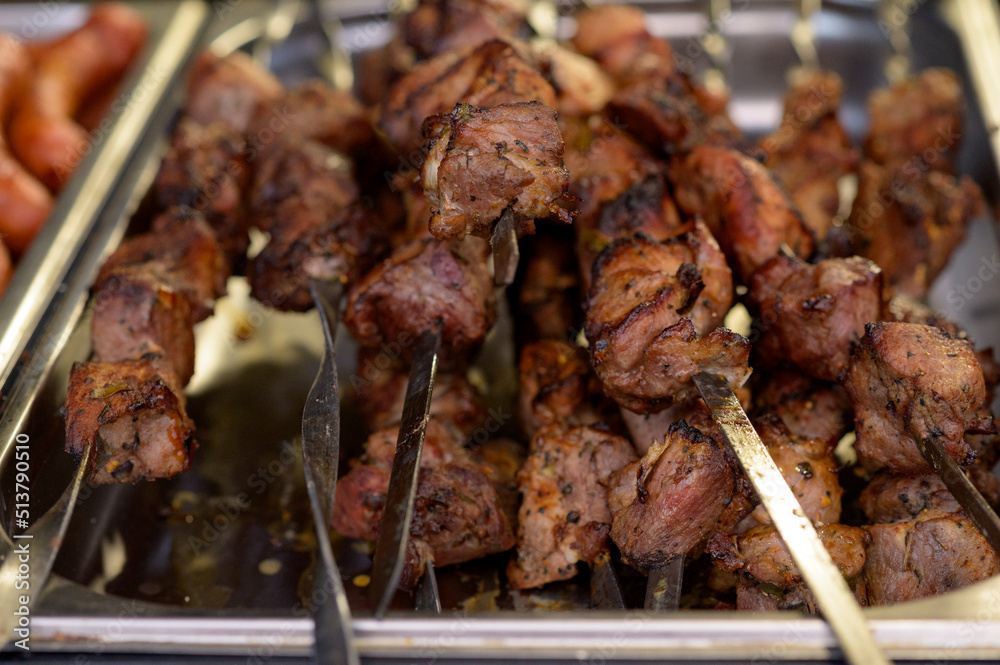 meat shish kebab on the grill. traditional outdoor barbecue picnic. grilled meat bbq