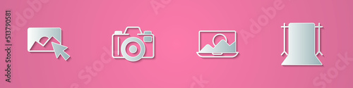 Set paper cut Photo retouching, camera, and Empty photo studio icon. Paper art style. Vector
