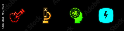Set Genetically modified apple, Microscope, Atom and Lightning bolt icon. Vector