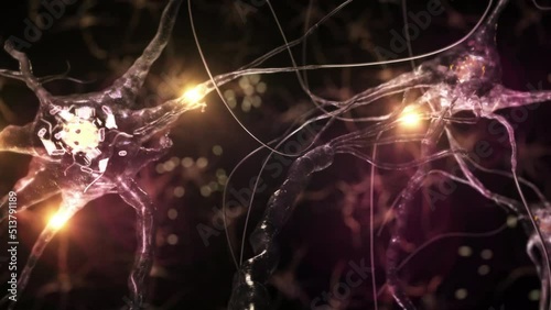 Animation of Neuron Cells with Glowing Links. Synapse. Journey Through a Colorful Network Of Nerve Cells With Impulses Passing By. Loopable.
