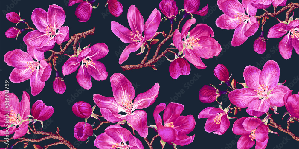 Horizontal banner, floral background with branches of pink blooming apple trees, sakura trees. Spring botanical vector illustration realistic flowers on dark background. Computer desktop wallpaper Horizontal banner, floral background with branches of pink blooming apple trees, sakura trees. Spring botanical vector illustration realistic flowers on dark background. Computer desktop wallpaper