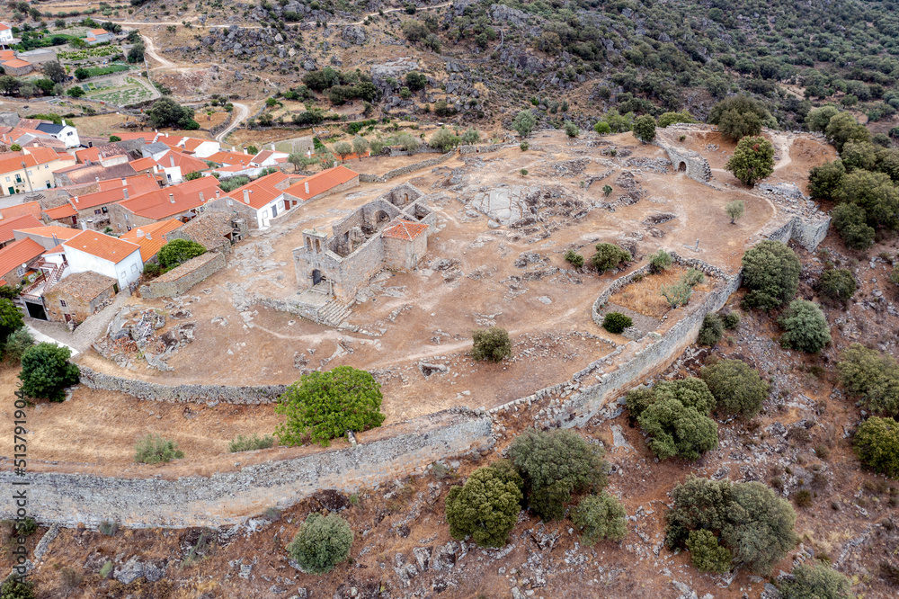 Aerial view of the historic town of Castelo Mendo in Portugal, detail of the remains of the church and castle