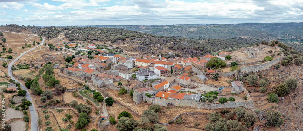 Aerial view of the historic village of Castelo Mendo in Portugal. Low Front Aerial View