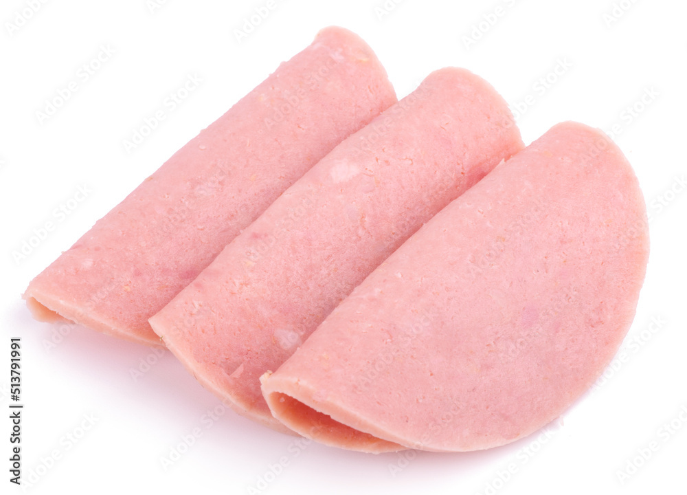 Sliced boiled tasty sausage isolated on white background Sliced boiled tasty sausage isolated on white background