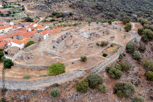 Aerial view of the historic town of Castelo Mendo in Portugal, detail of the remains of the church and castle