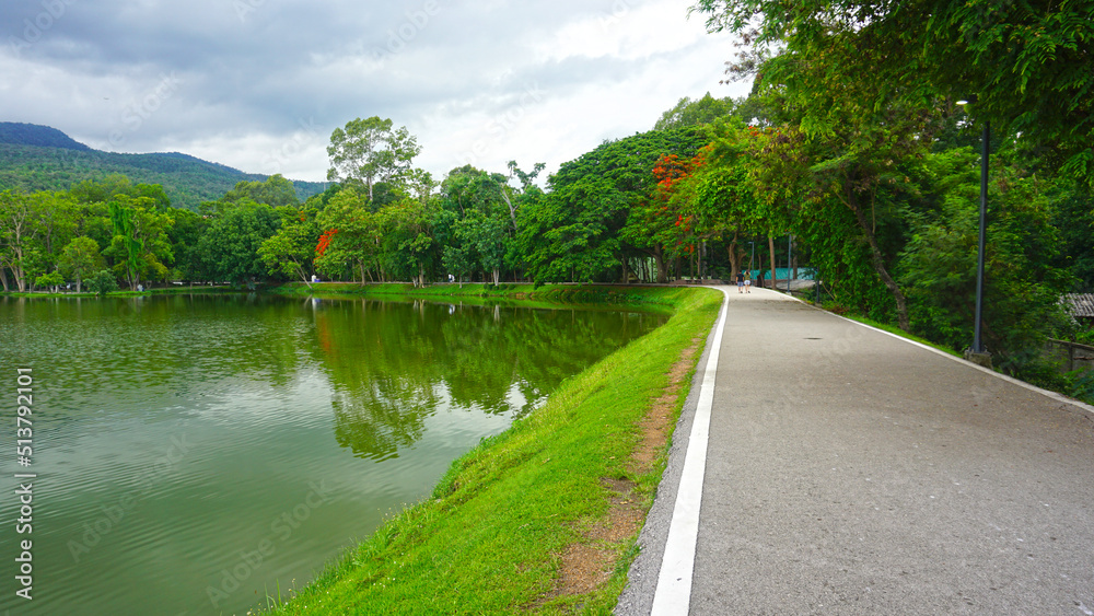 Fototapeta premium Views of the park, outdoor exercise facilities and relaxation with mountains and rivers.