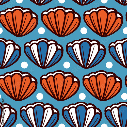 Cute summer marine print with seashells on blue background. Funny vector seamless pattern with coral reef shells for kids textile, apparel, wrapping paper © Plameniya