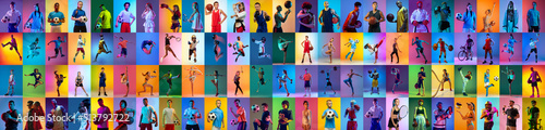 Sport collage of professional athletes on gradient multicolored neoned background. Concept of motion, action, active lifestyle, achievements, challenges
