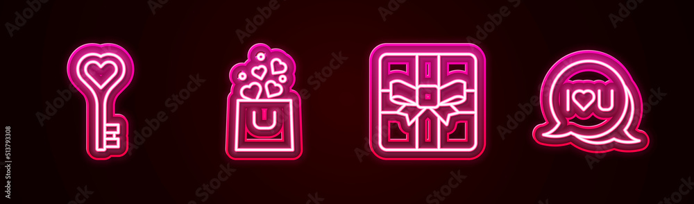 Set line Key in heart shape, Shopping bag with, Gift box and Speech bubble text I love you. Glowing neon icon. Vector Set line Key in heart shape, Shopping bag with, Gift box and Speech bubble text I love you. Glowing neon icon. Vector