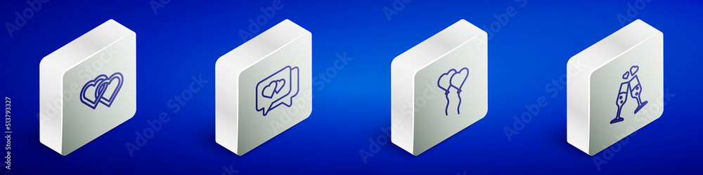 Set Isometric line Two Linked Hearts, speech bubble, Balloons form of heart and Glass champagne icon. Vector Set Isometric line Two Linked Hearts, speech bubble, Balloons form of heart and Glass champagne icon. Vector