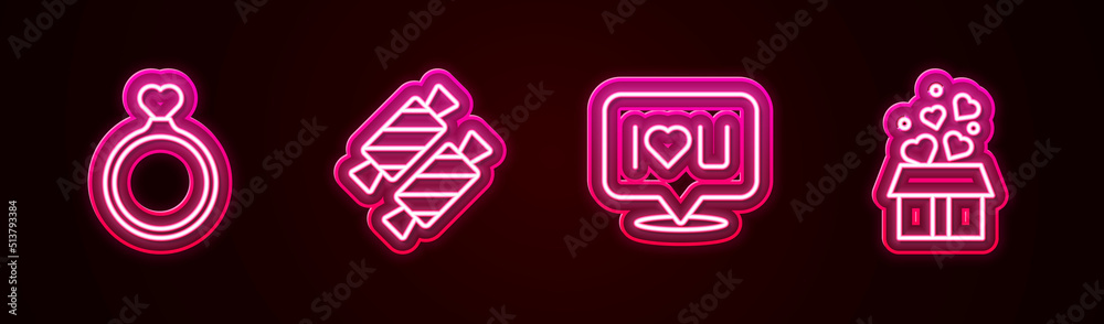 Set line Wedding rings, Candy, Speech bubble text I love you and Gift box with hearts. Glowing neon icon. Vector Set line Wedding rings, Candy, Speech bubble text I love you and Gift box with hearts. Glowing neon icon. Vector