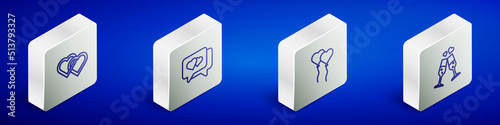 Set Isometric line Two Linked Hearts, speech bubble, Balloons form of heart and Glass champagne icon. Vector