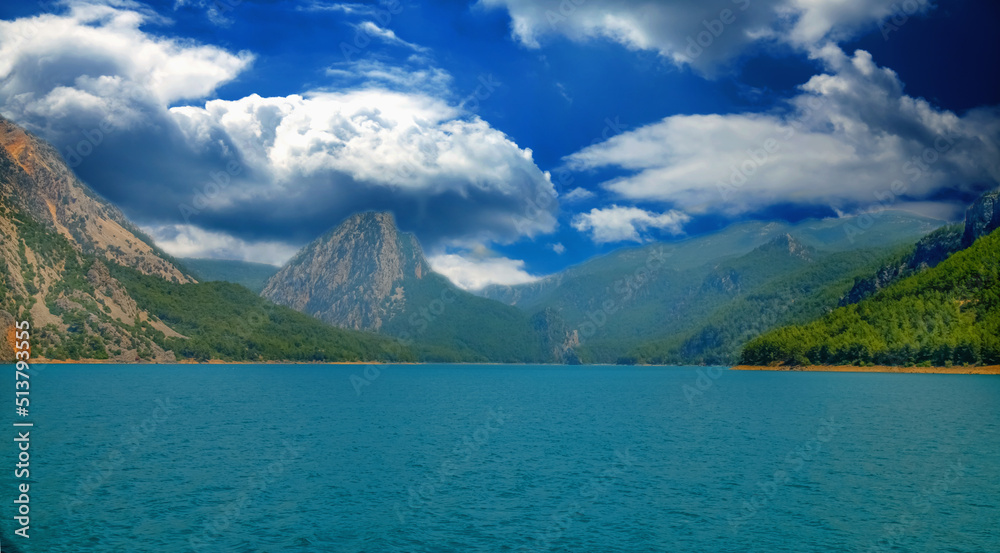 Summer landscape with mountains and lake Green Canyon (Turkey ). Tourism and beauty of Turkey nature. Beautiful mountain lake between rocks.