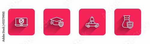Set line Insurance online, Graduation cap with shield, Car insurance and Money bag with long shadow. Red square button. Vector