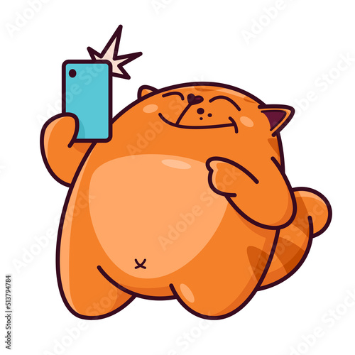 Cute red cat with a phone. Taking a selfie. Cat character hand drawn style, sticker, emoji