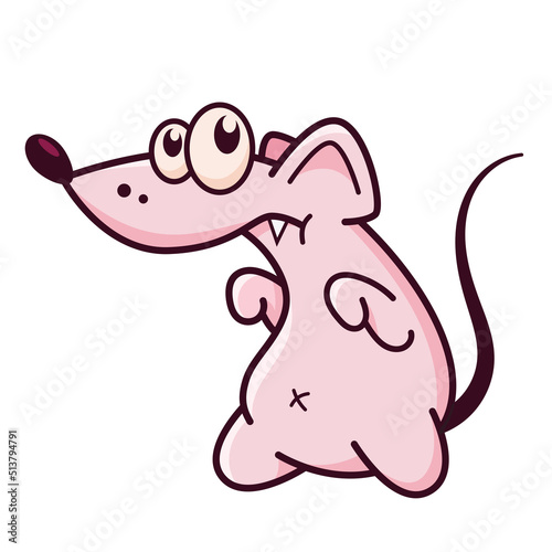 Cute pink mouse sneaks on tiptoe. Shows emotion, who's here, it's not me. Mouse character hand drawn style, sticker, emoji