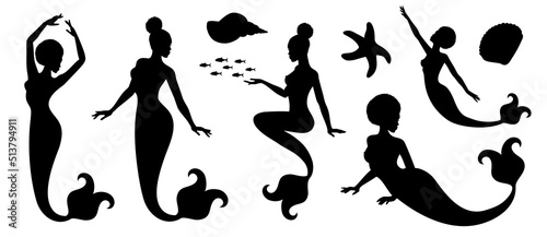 Vector illustration silhouettes of African woman with a fin tail. Afro mermaid girl. Black color isolated on white.