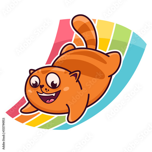 Cute red cat on the rainbow. Demonstrates emotions, happiness, joy, fun, play. Cat character hand drawn style, sticker, emoji