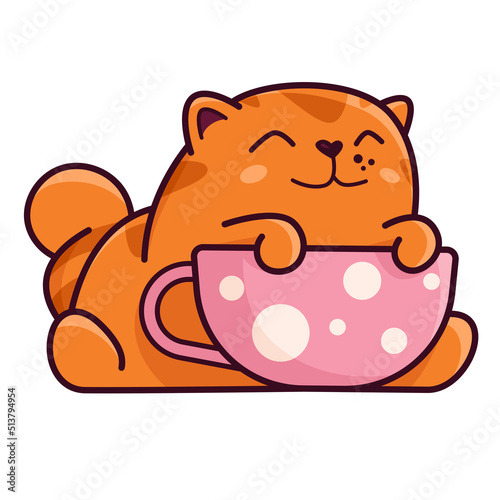 Cute red cat with a cup. Demonstrates emotions, happiness, joy, breakfast. Cat character hand drawn style, sticker, emoji