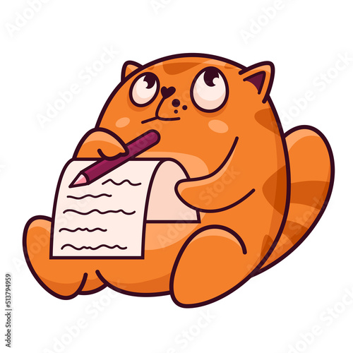 Cute red cat writes a letter. Shows emotion, idea, thought, think. Cat character hand drawn style, sticker, emoji