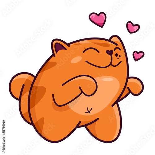 Cute red cat with hearts. Shows emotions love, admiration, passion. Cat character hand drawn style, sticker, emoji