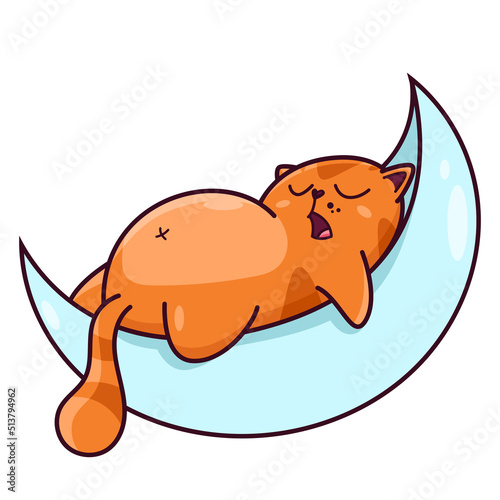 Cute red cat sleeps on a crescent moon. Shows emotions, sleep, good night. Cat character hand drawn style, sticker, emoj