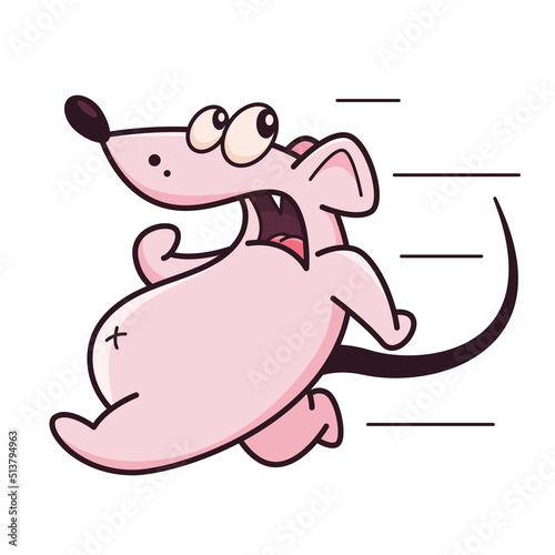 Cute pink mouse runs like crazy. Shows emotion, I'm getting out of here. Mouse character hand drawn style, sticker, emoji