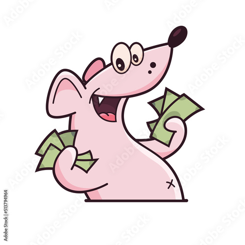 Cute pink mouse with bucks in his hands. Shows emotions, cool, loot, party. Mouse character hand drawn style, sticker, emoji