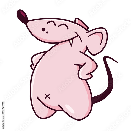 Cute pink mouse. Shows emotions, satisfied, happy, cheerful. Mouse character hand drawn style, sticker, emoji