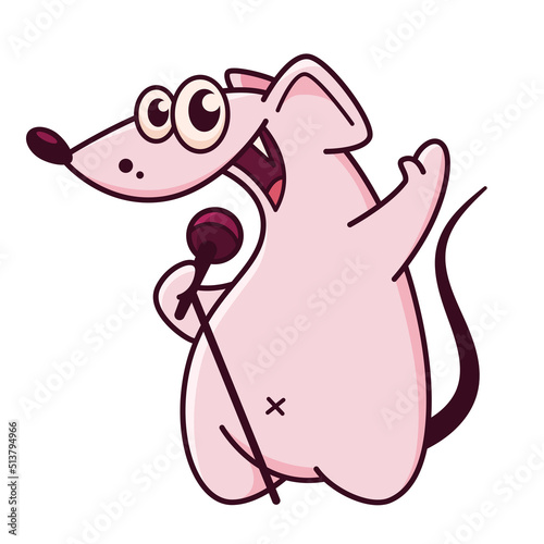 Cute pink mouse with a microphone, sings. Shows emotions, satisfied, happy, cheerful. Mouse character hand drawn style, sticker, emoji