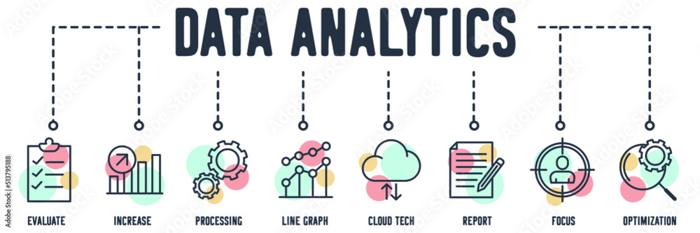 Data Analysis banner web icon. evaluate, increase, processing, line graph, cloud tech, report, focus, optimization vector illustration concept. Data Analysis banner web icon. evaluate, increase, processing, line graph, cloud tech, report, focus, optimization vector illustration concept.