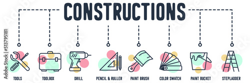 Construction banner web icon. tools, tool box, drill, pencil ruler, brush, color swatch, paint bucket, stepladder vector illustration concept.