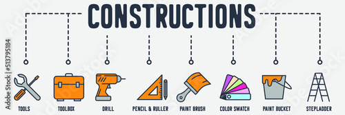 Construction banner web icon. tools, tool box, drill, pencil ruler, brush, color swatch, paint bucket, stepladder vector illustration concept.