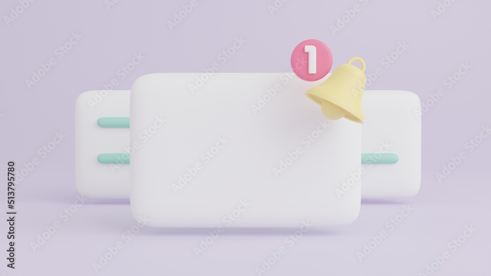 Notification bell icon and blank white frame on pastel purple background, 3D rendering with copy space, 3D Empty reminder popup, Push notification concept Notification bell icon and blank white frame on pastel purple background, 3D rendering with copy space, 3D Empty reminder popup, Push notification concept