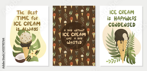 Colorful set of postcards with ice cream, fruits, pattern and handwritten letterings. Food and summer concept. Vector illustration for poster, banner, advertising, cover.