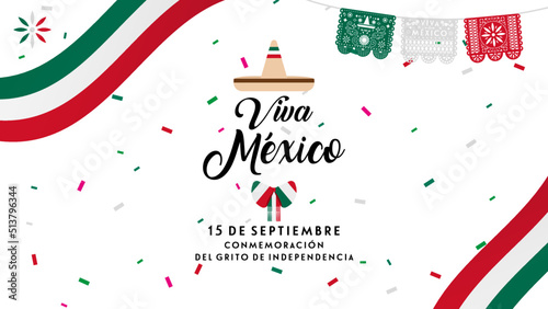 Invitation to celebrate on September 15 the commemoration of the cry of independence. Template for the celebration of the independence of Mexico, with decorations. Viva Mexico.  photo
