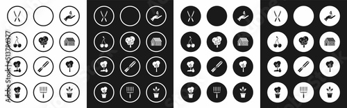 Set Sprout in hand of environmental protection, Tree with pears, Cherry, Gardening handmade scissors for trimming, Farm house, Watering can water, and icon. Vector