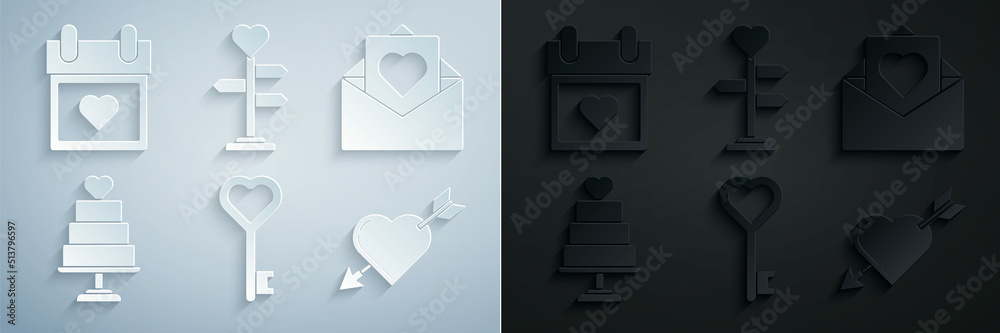 Set Key in heart shape, Envelope with Valentine, Wedding cake, Amour symbol and arrow, Signpost and Calendar icon. Vector Set Key in heart shape, Envelope with Valentine, Wedding cake, Amour symbol and arrow, Signpost and Calendar icon. Vector