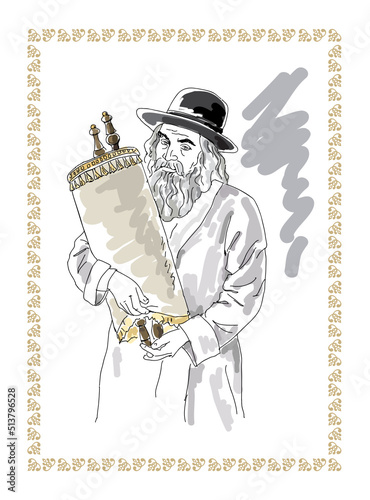 Orthodox Jew holds up a Sefer Torah.
